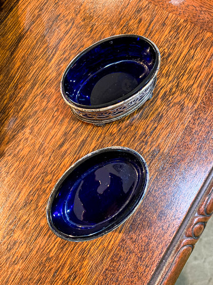 Antique Pair 1908 Gorham Cobalt Glass Lined Sterling Silver Footed Salt Cellars
