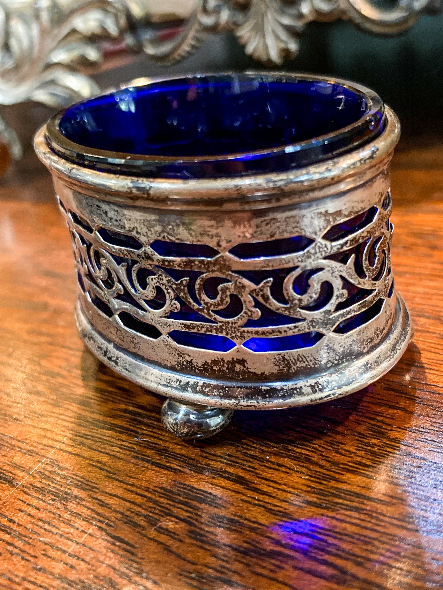 Antique Pair 1908 Gorham Cobalt Glass Lined Sterling Silver Footed Salt Cellars