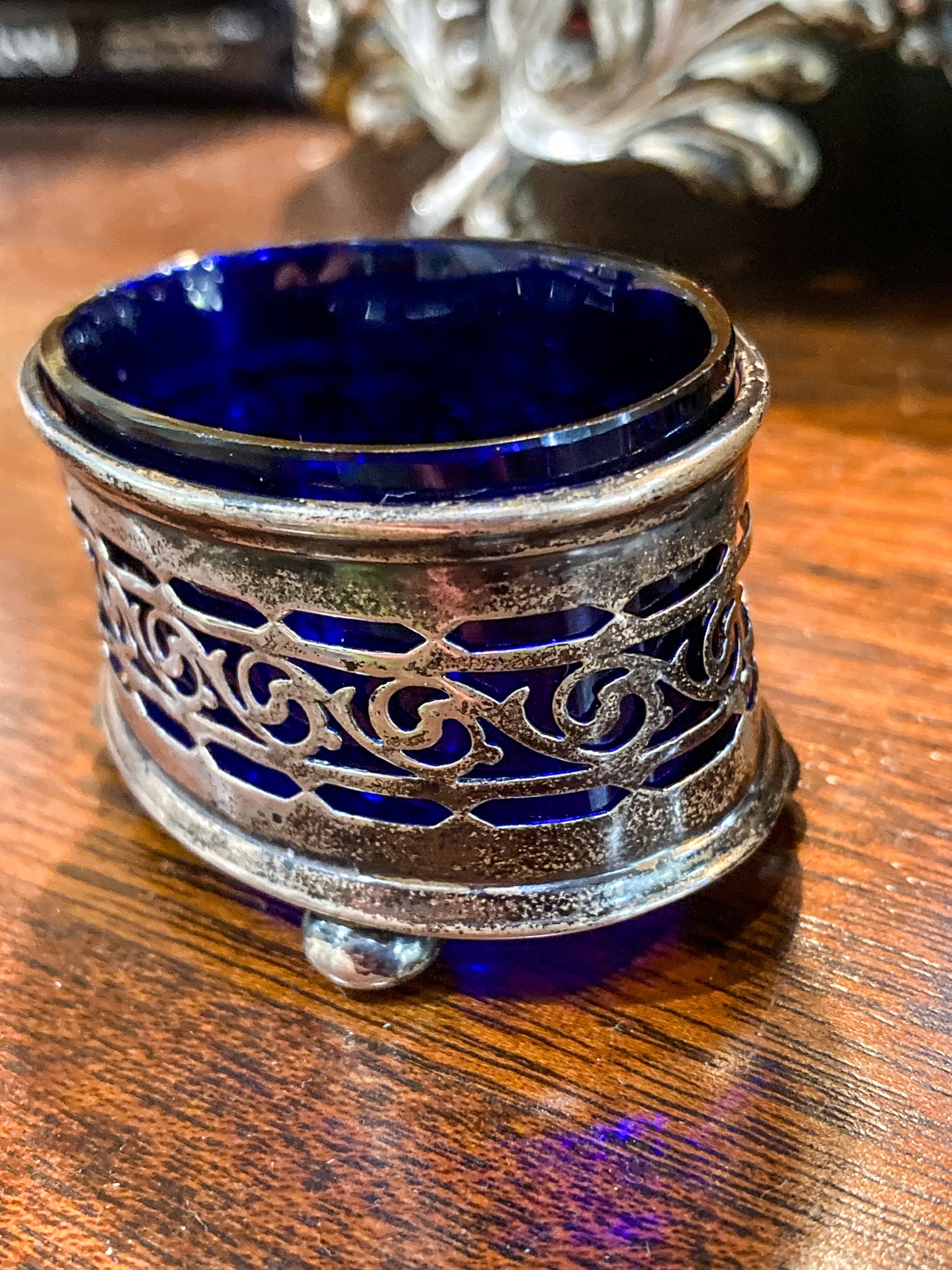 Antique Pair 1908 Gorham Cobalt Glass Lined Sterling Silver Footed Salt Cellars