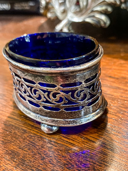 Antique Pair 1908 Gorham Cobalt Glass Lined Sterling Silver Footed Salt Cellars