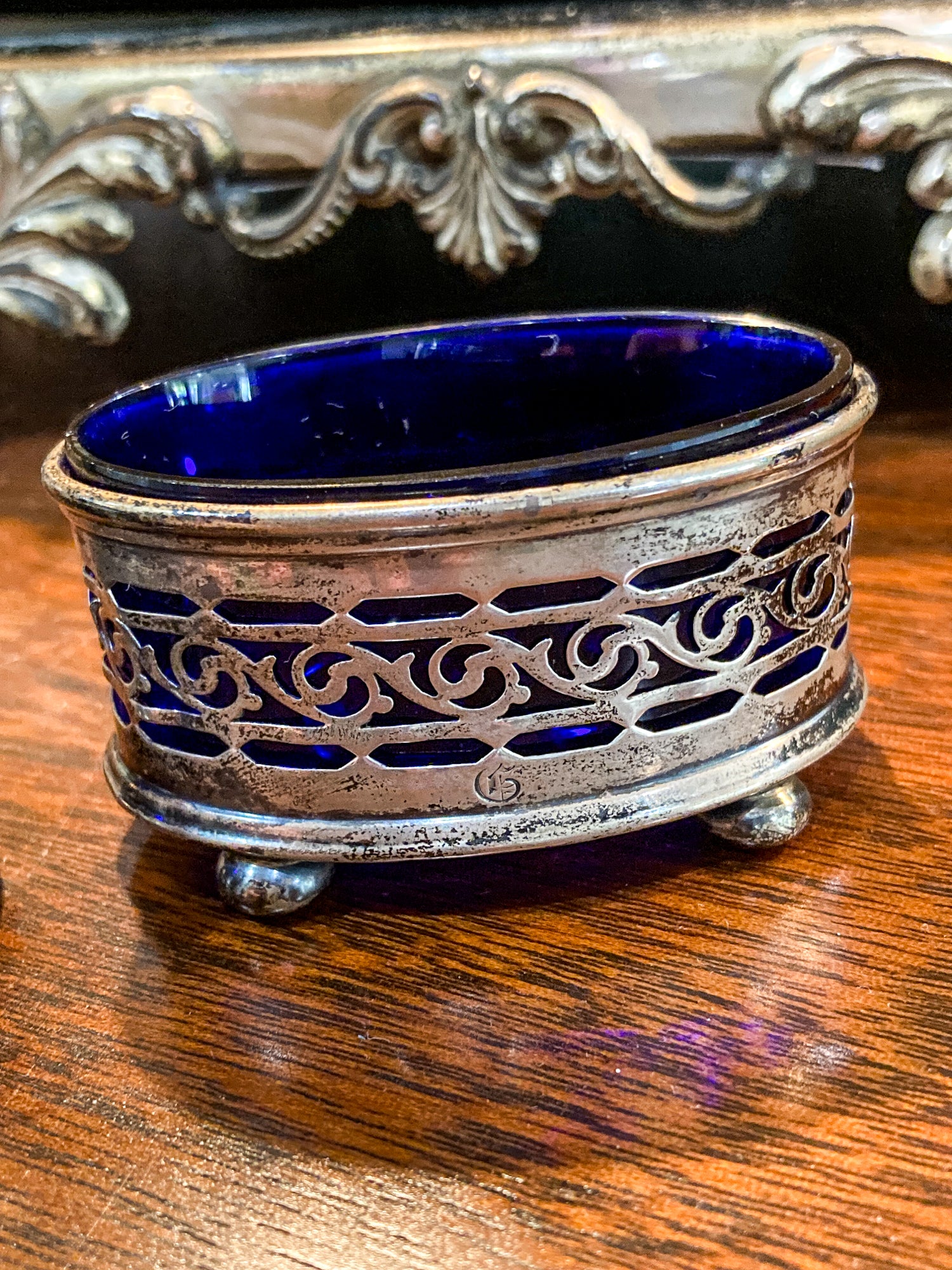 Antique Pair 1908 Gorham Cobalt Glass Lined Sterling Silver Footed Salt Cellars