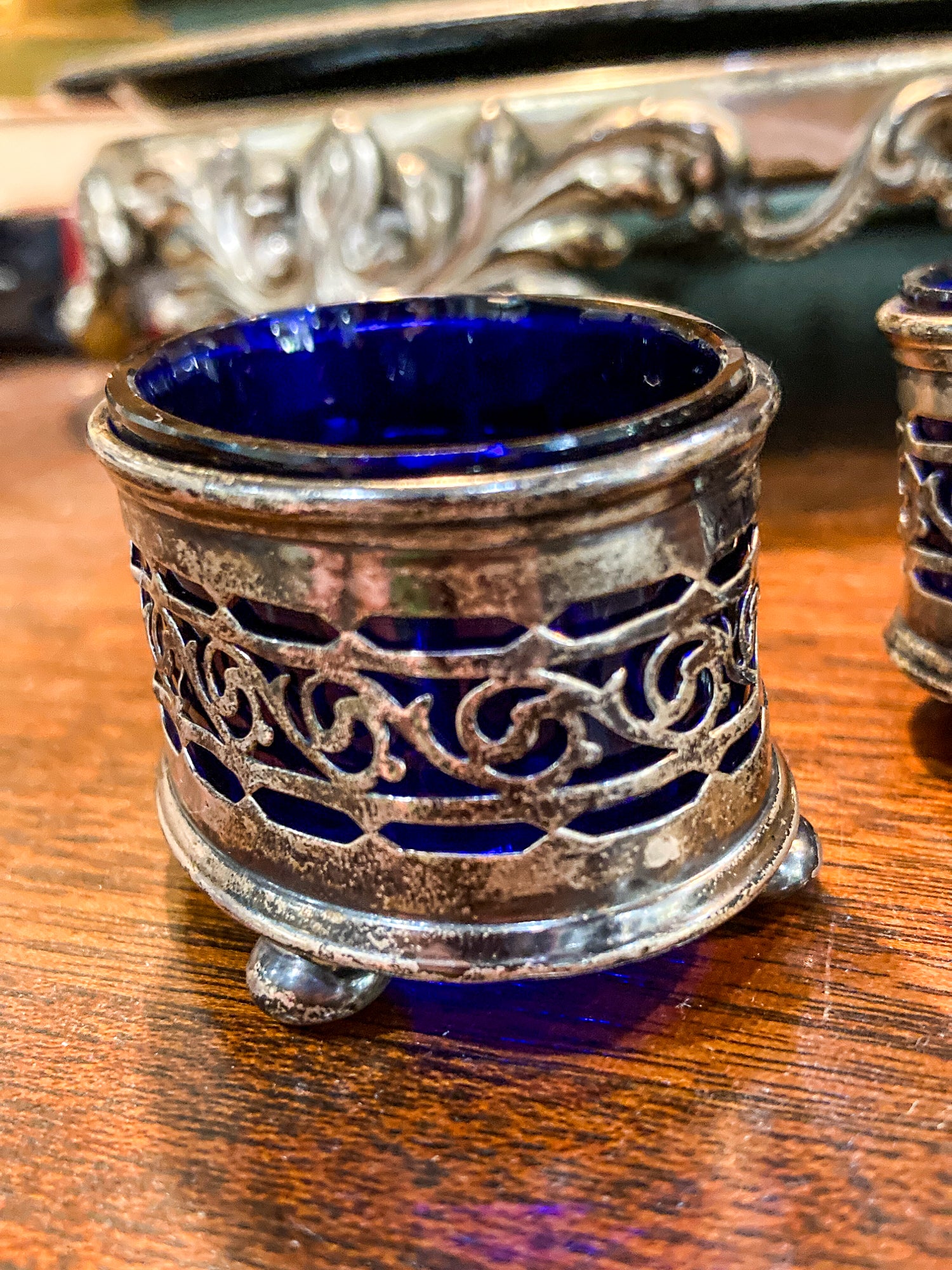 Antique Pair 1908 Gorham Cobalt Glass Lined Sterling Silver Footed Salt Cellars