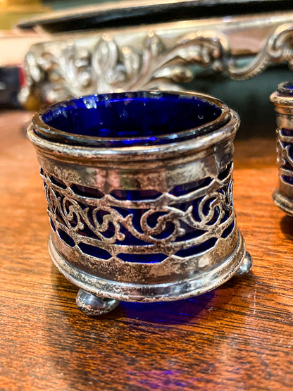 Antique Pair 1908 Gorham Cobalt Glass Lined Sterling Silver Footed Salt Cellars