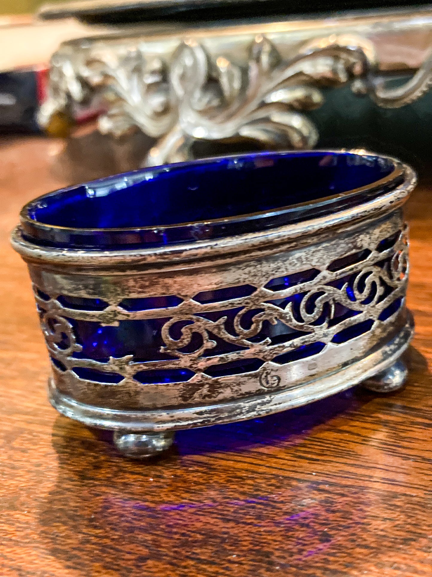 Antique Pair 1908 Gorham Cobalt Glass Lined Sterling Silver Footed Salt Cellars