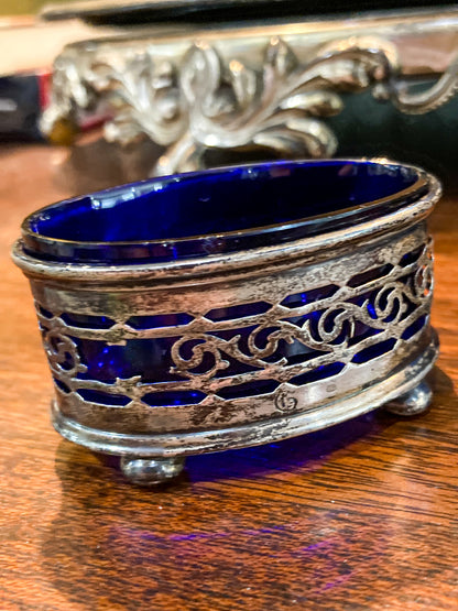 Antique Pair 1908 Gorham Cobalt Glass Lined Sterling Silver Footed Salt Cellars