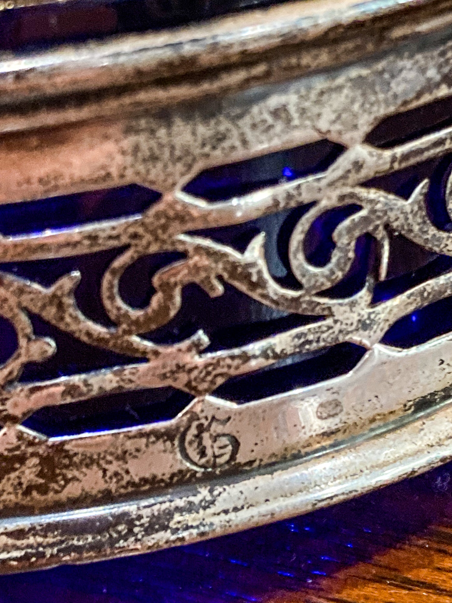 Antique Pair 1908 Gorham Cobalt Glass Lined Sterling Silver Footed Salt Cellars