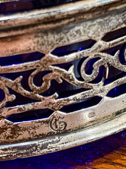 Antique Pair 1908 Gorham Cobalt Glass Lined Sterling Silver Footed Salt Cellars