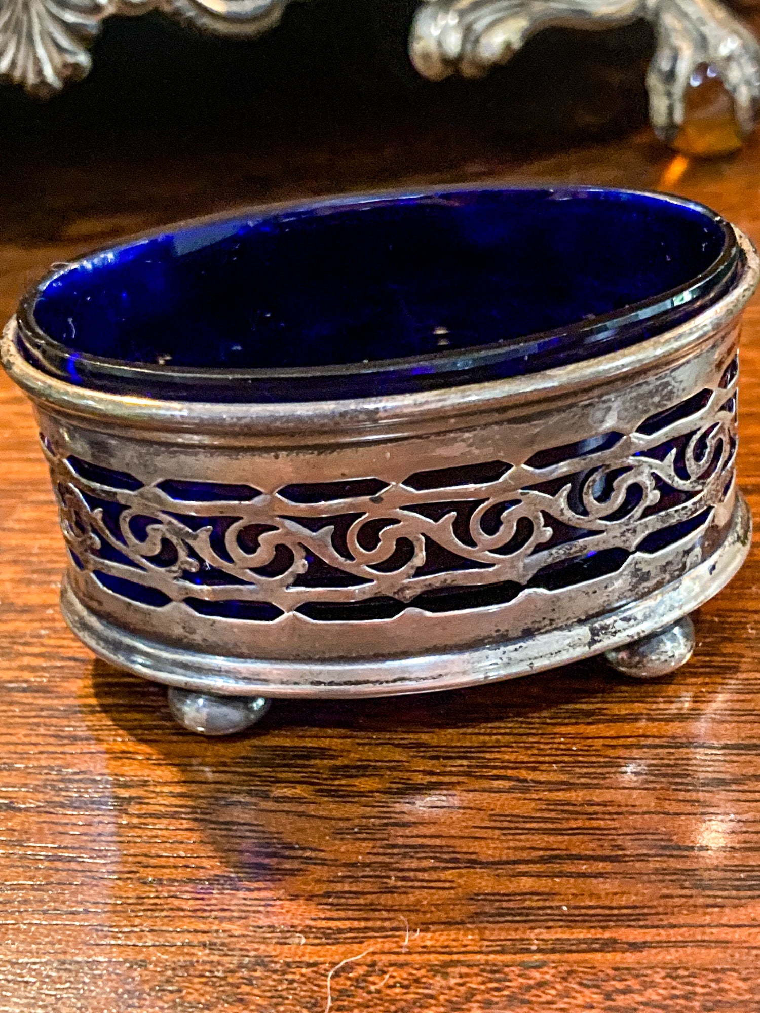 Antique Pair 1908 Gorham Cobalt Glass Lined Sterling Silver Footed Salt Cellars