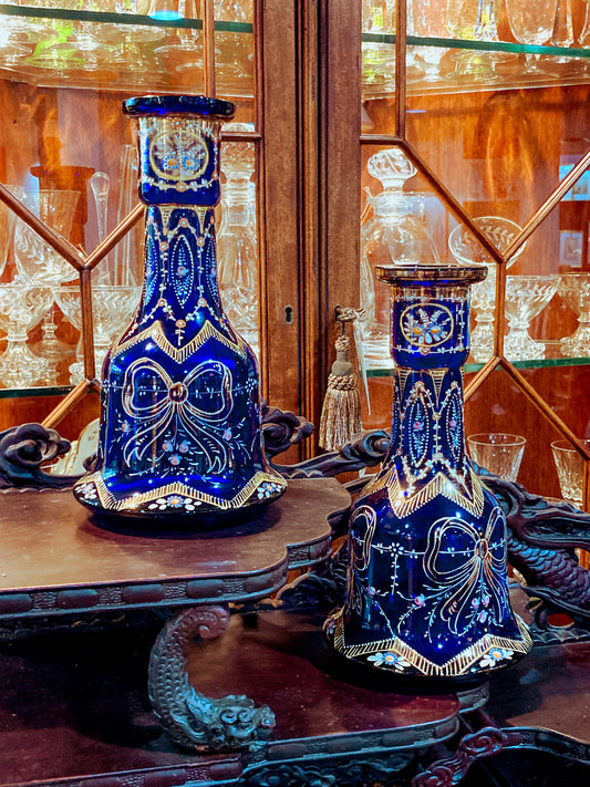 Pair of Antique Cobalt Blue Enameled Gilt Bohemian Glass Bell Vase Decanters