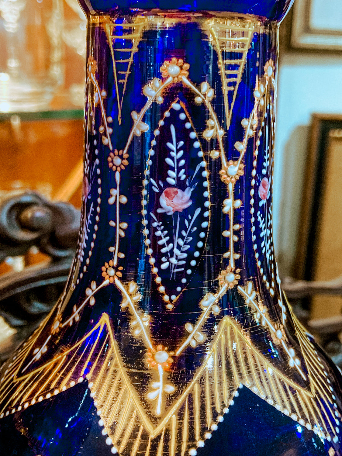 Pair of Antique Cobalt Blue Enameled Gilt Bohemian Glass Bell Vase Decanters