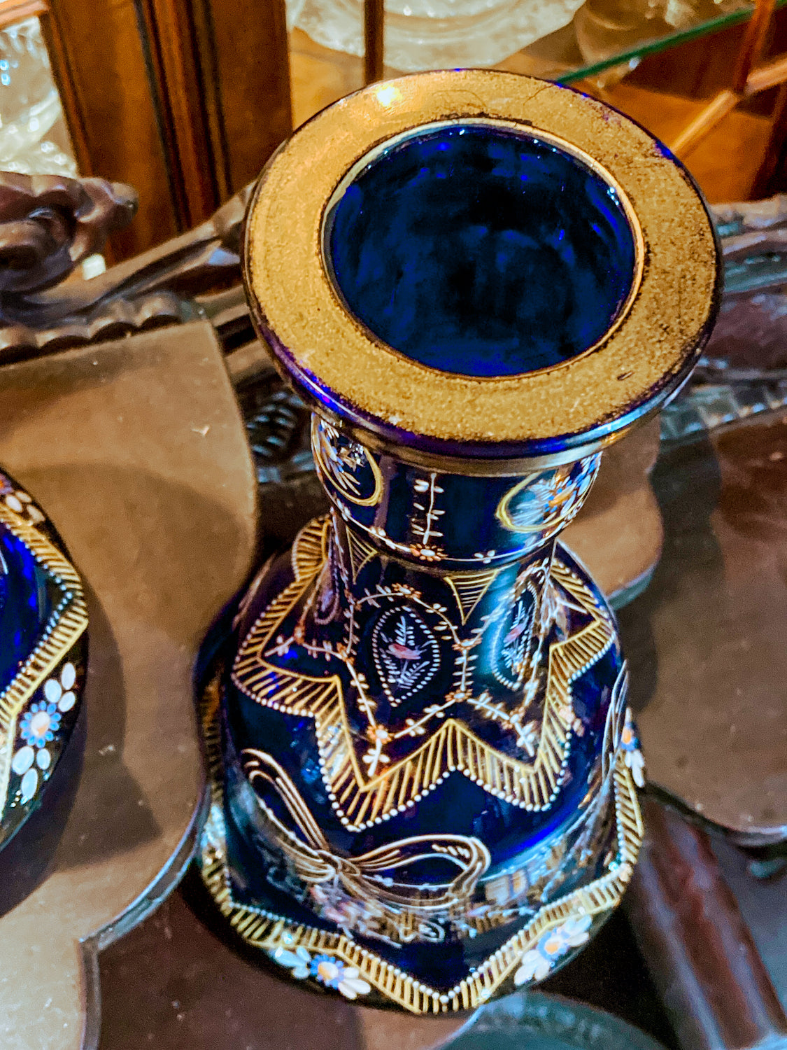 Pair of Antique Cobalt Blue Enameled Gilt Bohemian Glass Bell Vase Decanters