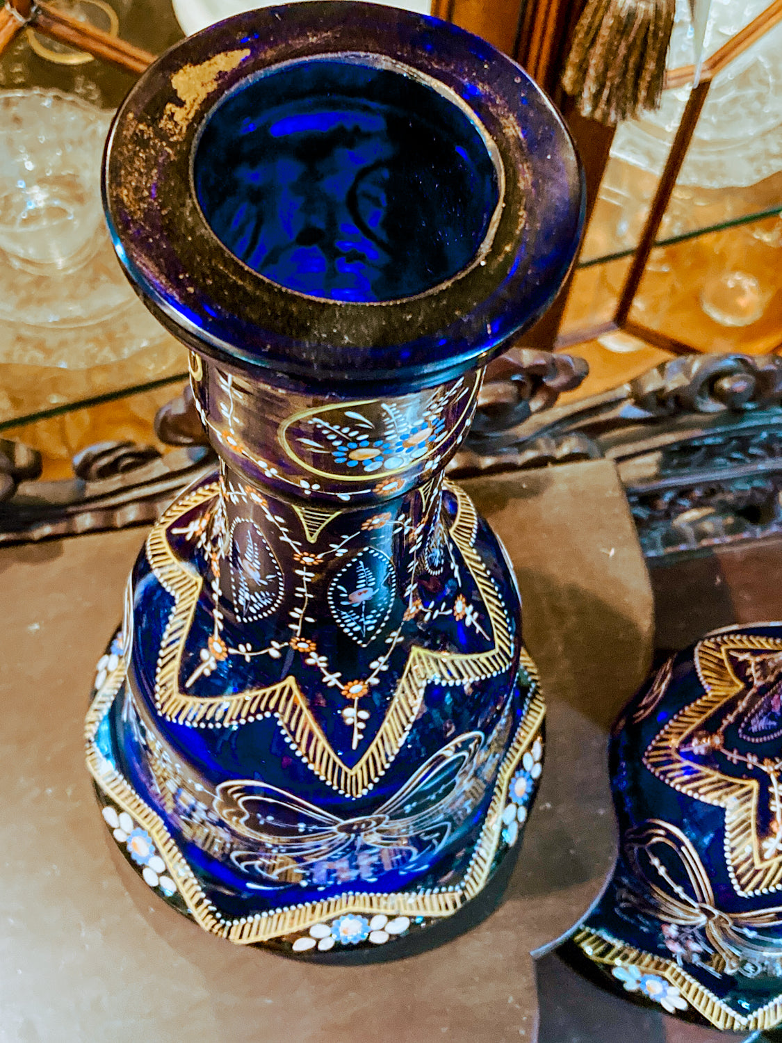 Pair of Antique Cobalt Blue Enameled Gilt Bohemian Glass Bell Vase Decanters