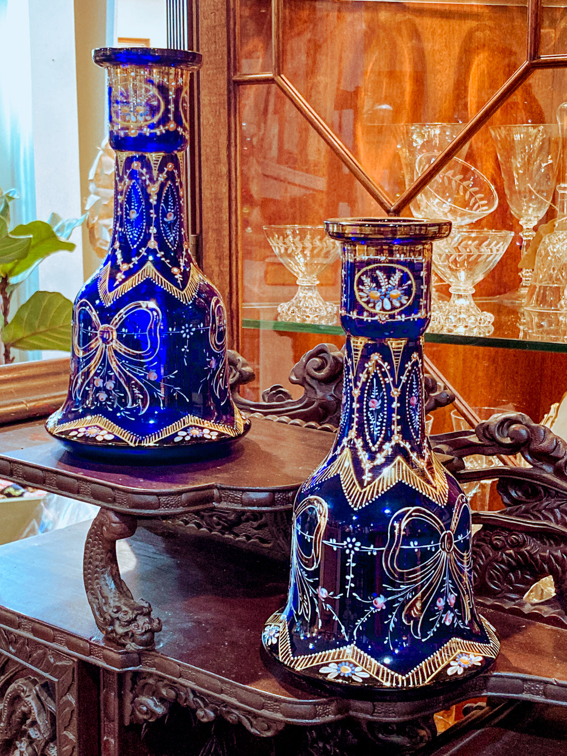 Pair of Antique Cobalt Blue Enameled Gilt Bohemian Glass Bell Vase Decanters