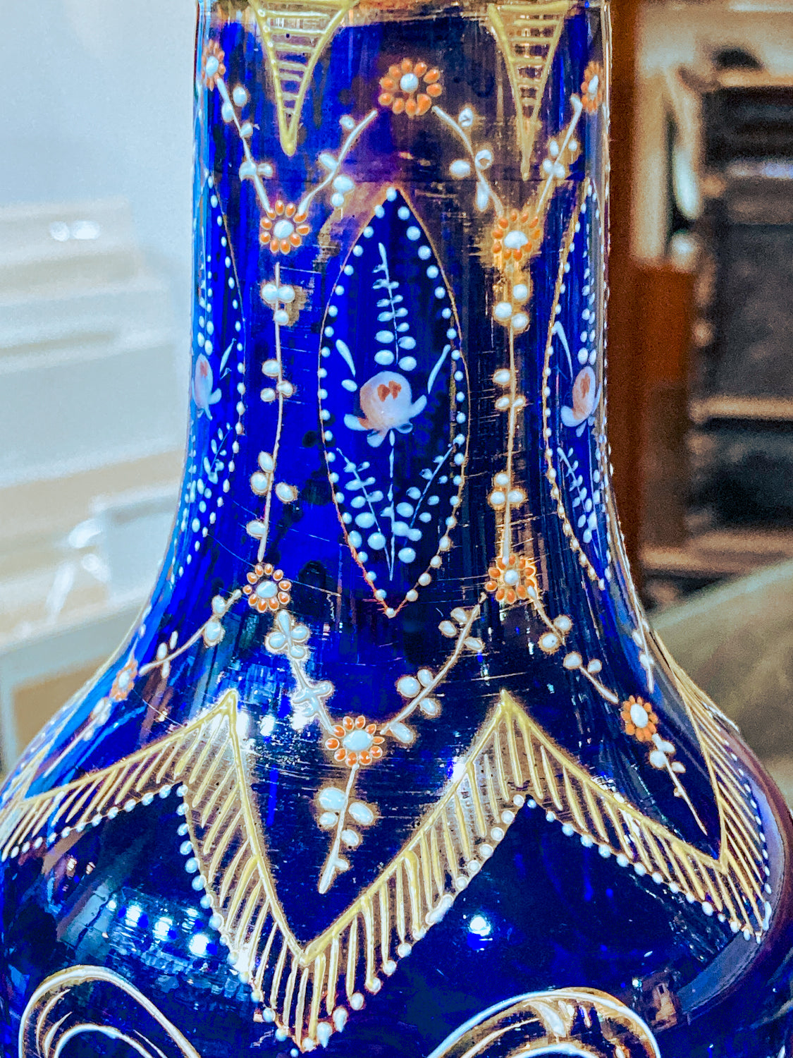 Pair of Antique Cobalt Blue Enameled Gilt Bohemian Glass Bell Vase Decanters