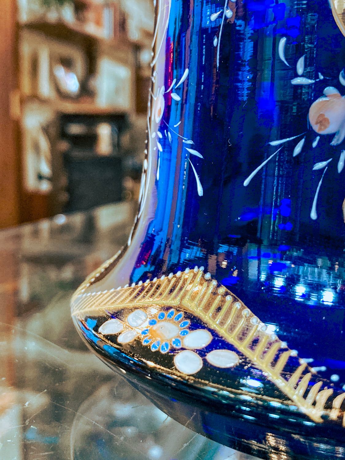 Pair of Antique Cobalt Blue Enameled Gilt Bohemian Glass Bell Vase Decanters