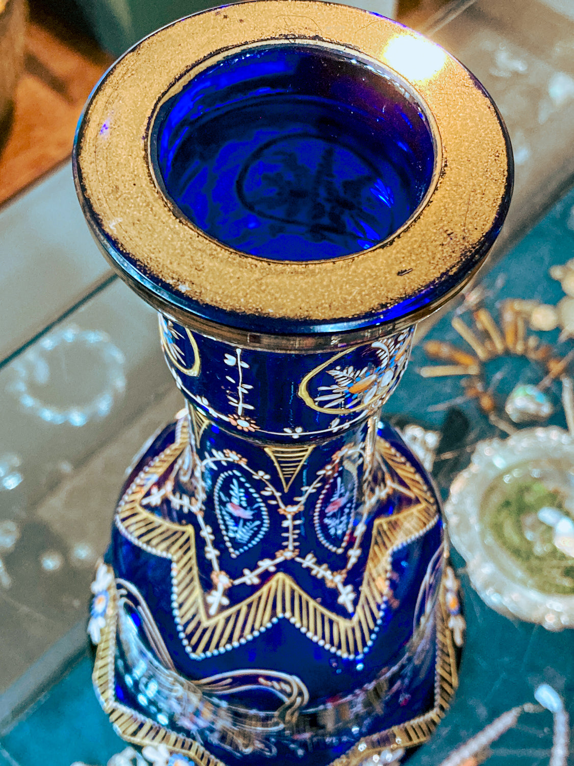 Pair of Antique Cobalt Blue Enameled Gilt Bohemian Glass Bell Vase Decanters