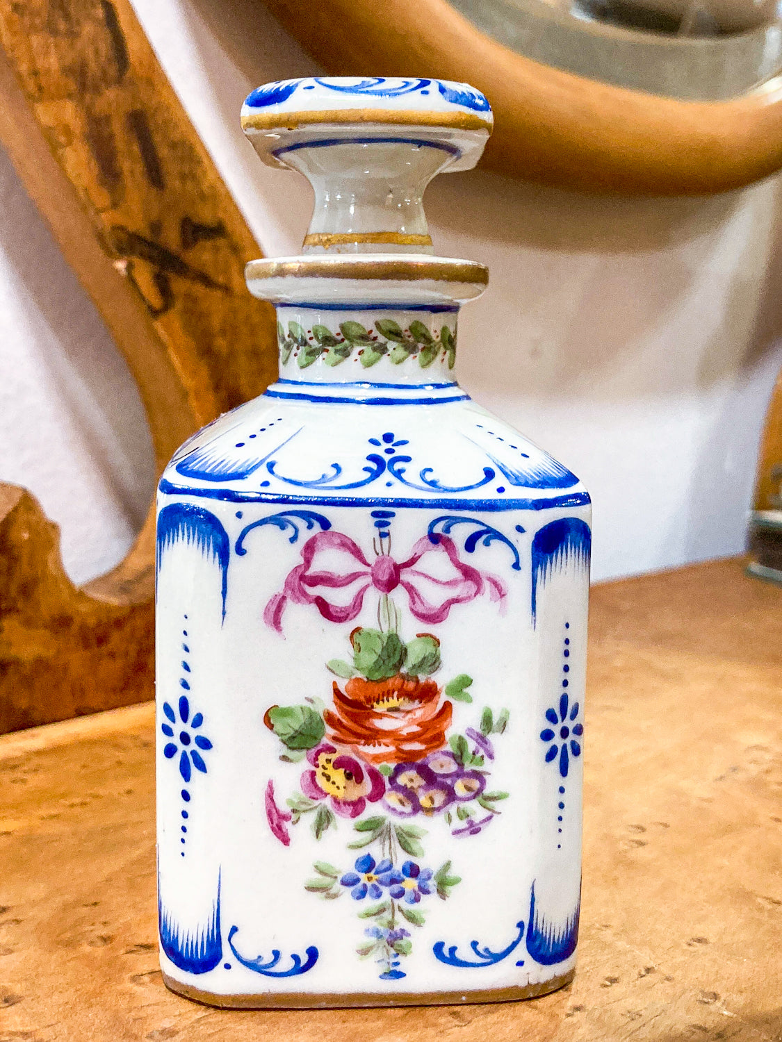 Antique Pair Hand Painted Floral French Porcelain Scent Fragrance Bottles