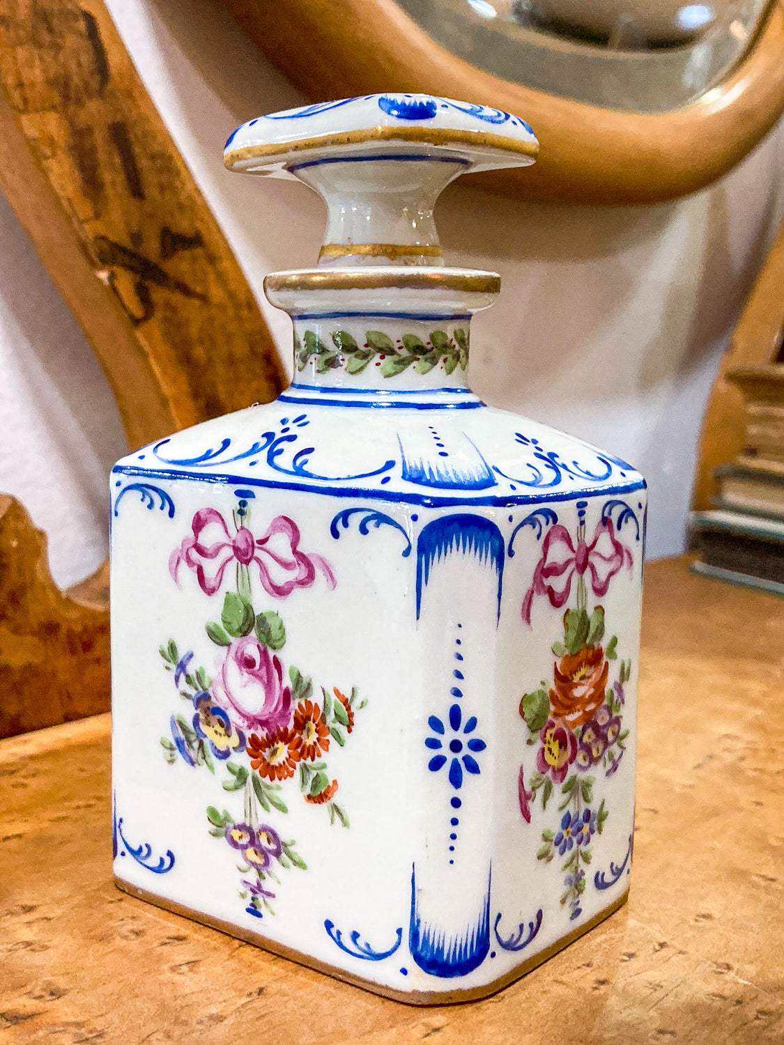 Antique Pair Hand Painted Floral French Porcelain Scent Fragrance Bottles