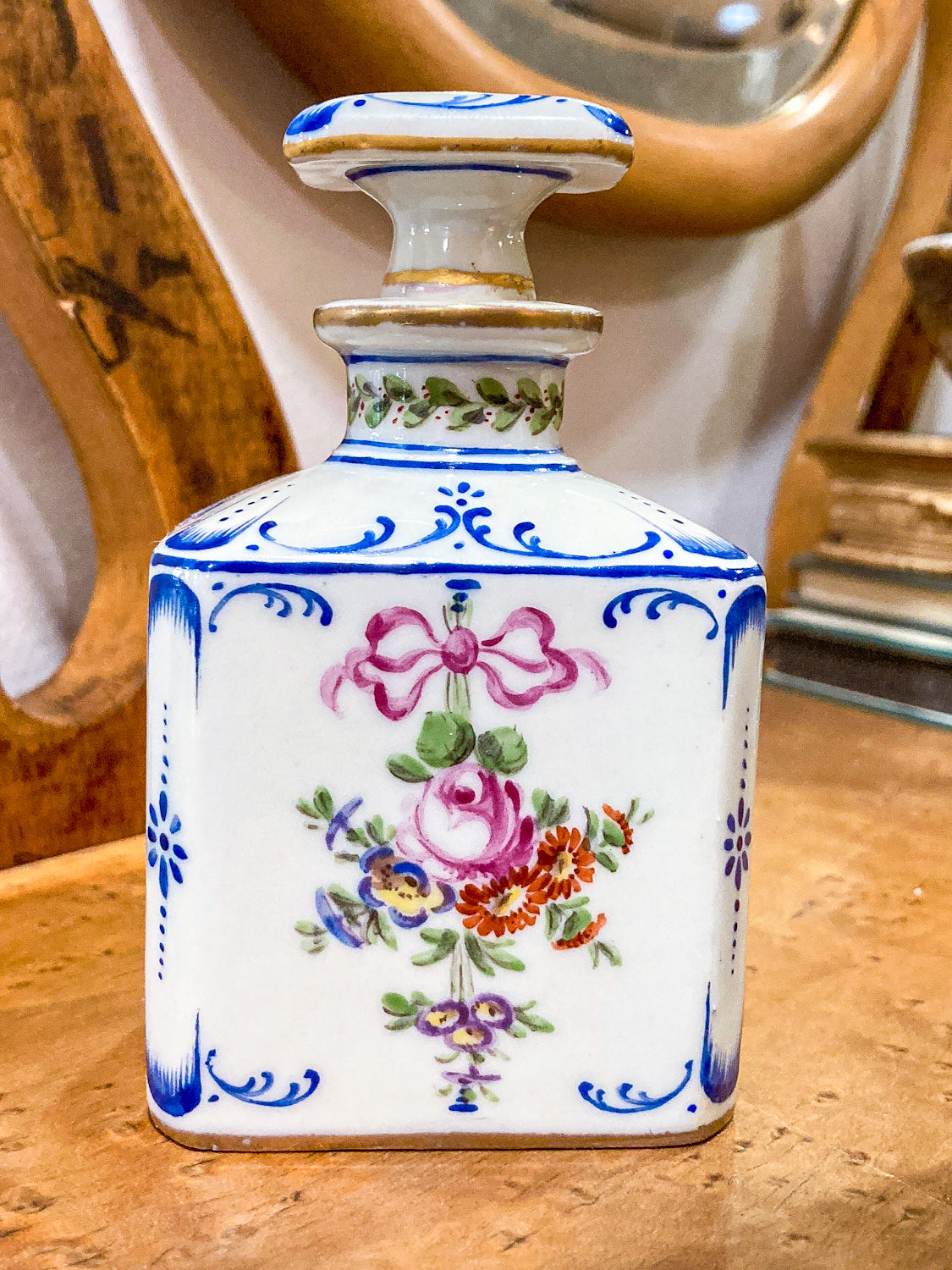 Antique Pair Hand Painted Floral French Porcelain Scent Fragrance Bottles