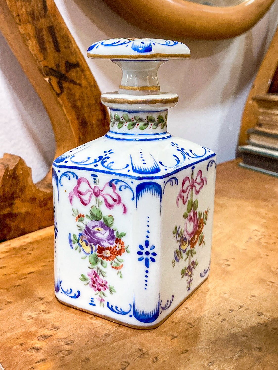 Antique Pair Hand Painted Floral French Porcelain Scent Fragrance Bottles