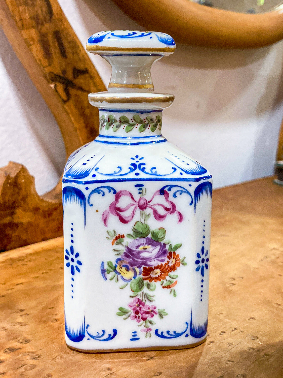 Antique Pair Hand Painted Floral French Porcelain Scent Fragrance Bottles