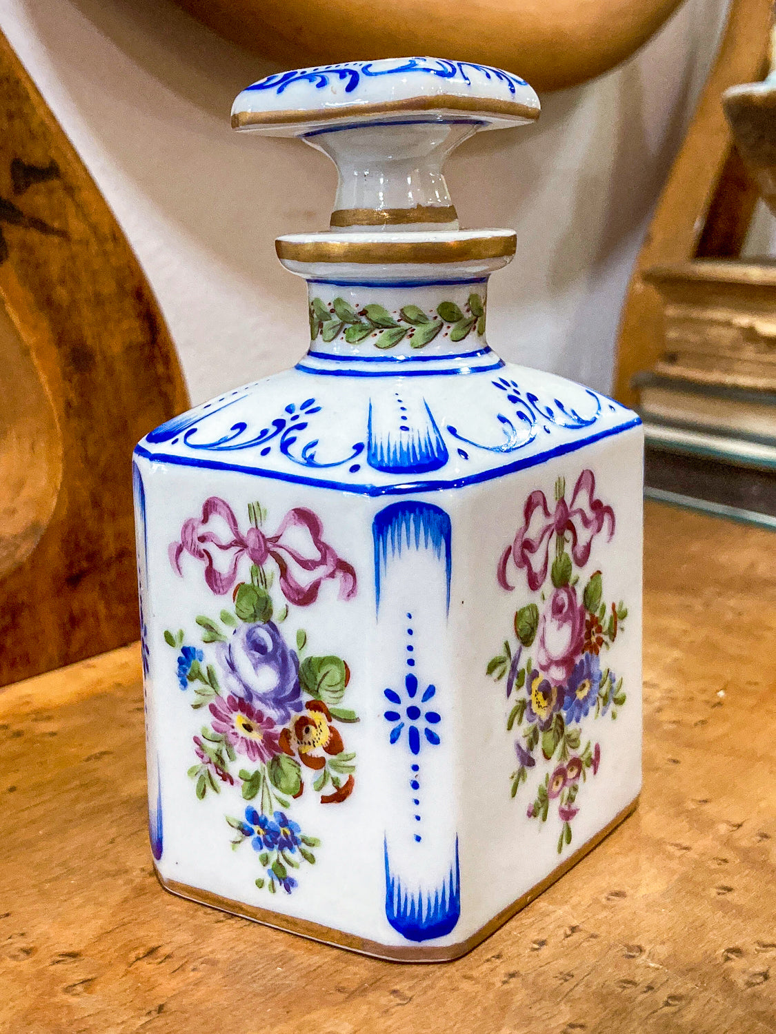 Antique Pair Hand Painted Floral French Porcelain Scent Fragrance Bottles