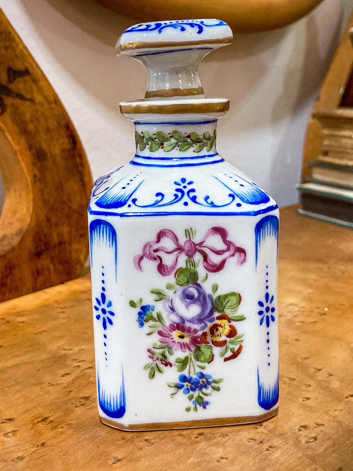 Antique Pair Hand Painted Floral French Porcelain Scent Fragrance Bottles