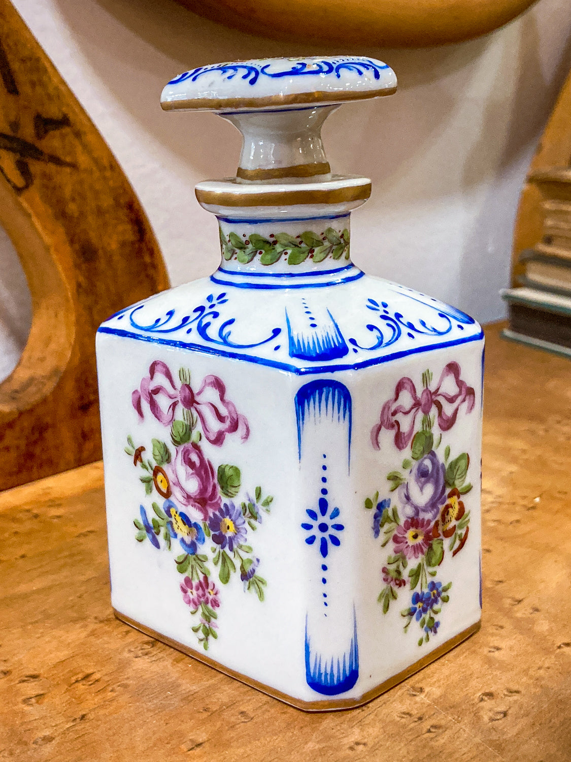 Antique Pair Hand Painted Floral French Porcelain Scent Fragrance Bottles