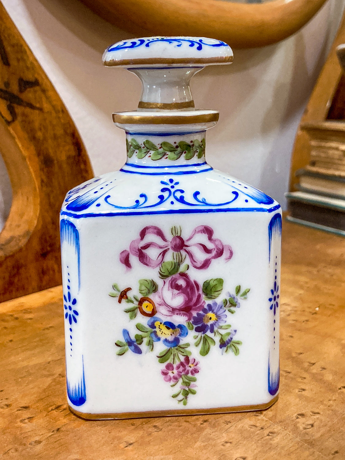 Antique Pair Hand Painted Floral French Porcelain Scent Fragrance Bottles