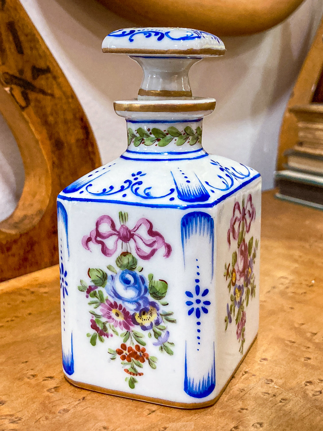 Antique Pair Hand Painted Floral French Porcelain Scent Fragrance Bottles