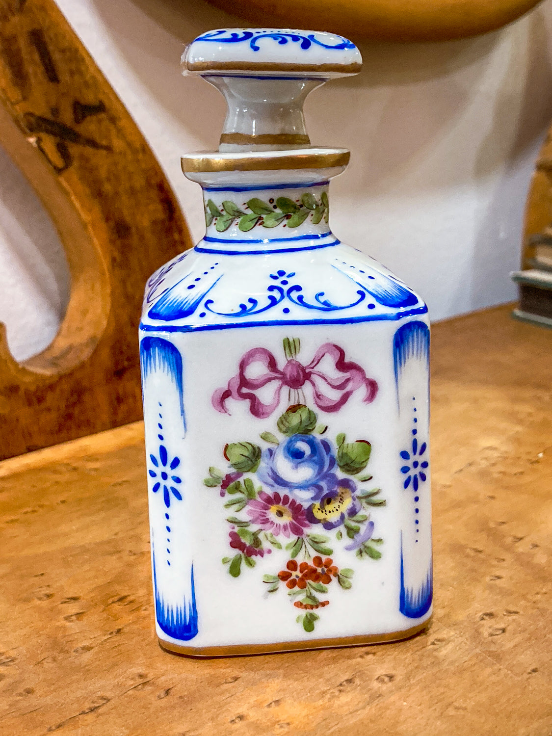 Antique Pair Hand Painted Floral French Porcelain Scent Fragrance Bottles