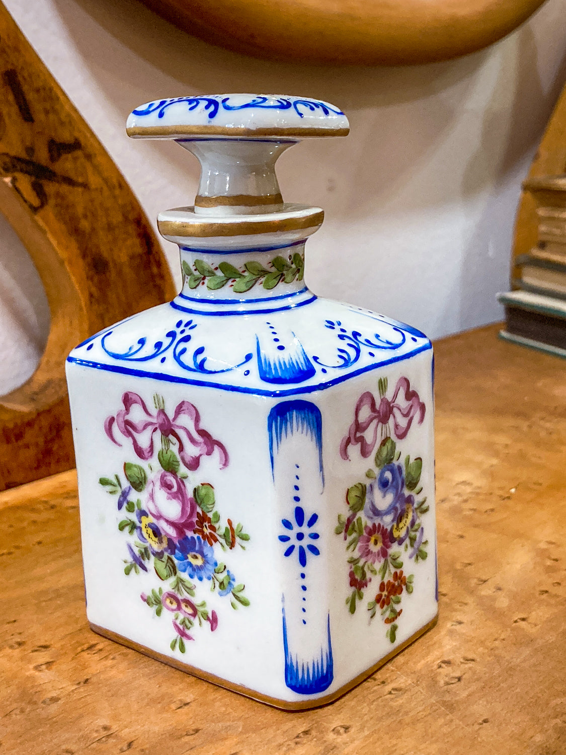 Antique Pair Hand Painted Floral French Porcelain Scent Fragrance Bottles