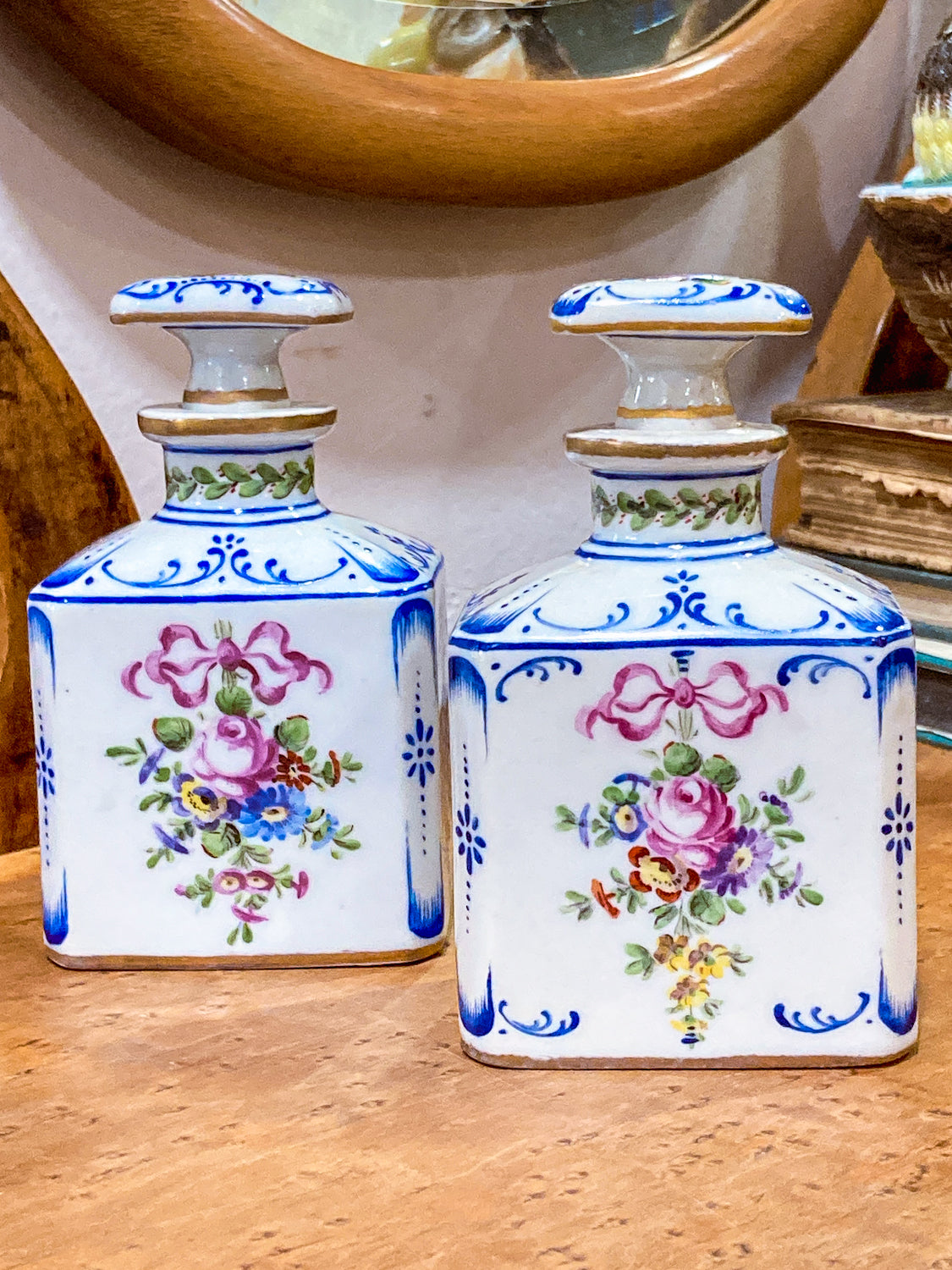 Antique Pair Hand Painted Floral French Porcelain Scent Fragrance Bottles