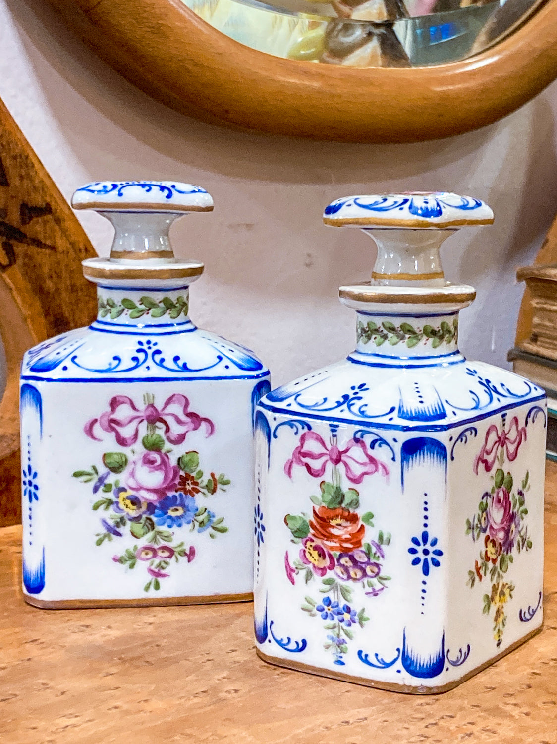 Antique Pair Hand Painted Floral French Porcelain Scent Fragrance Bottles
