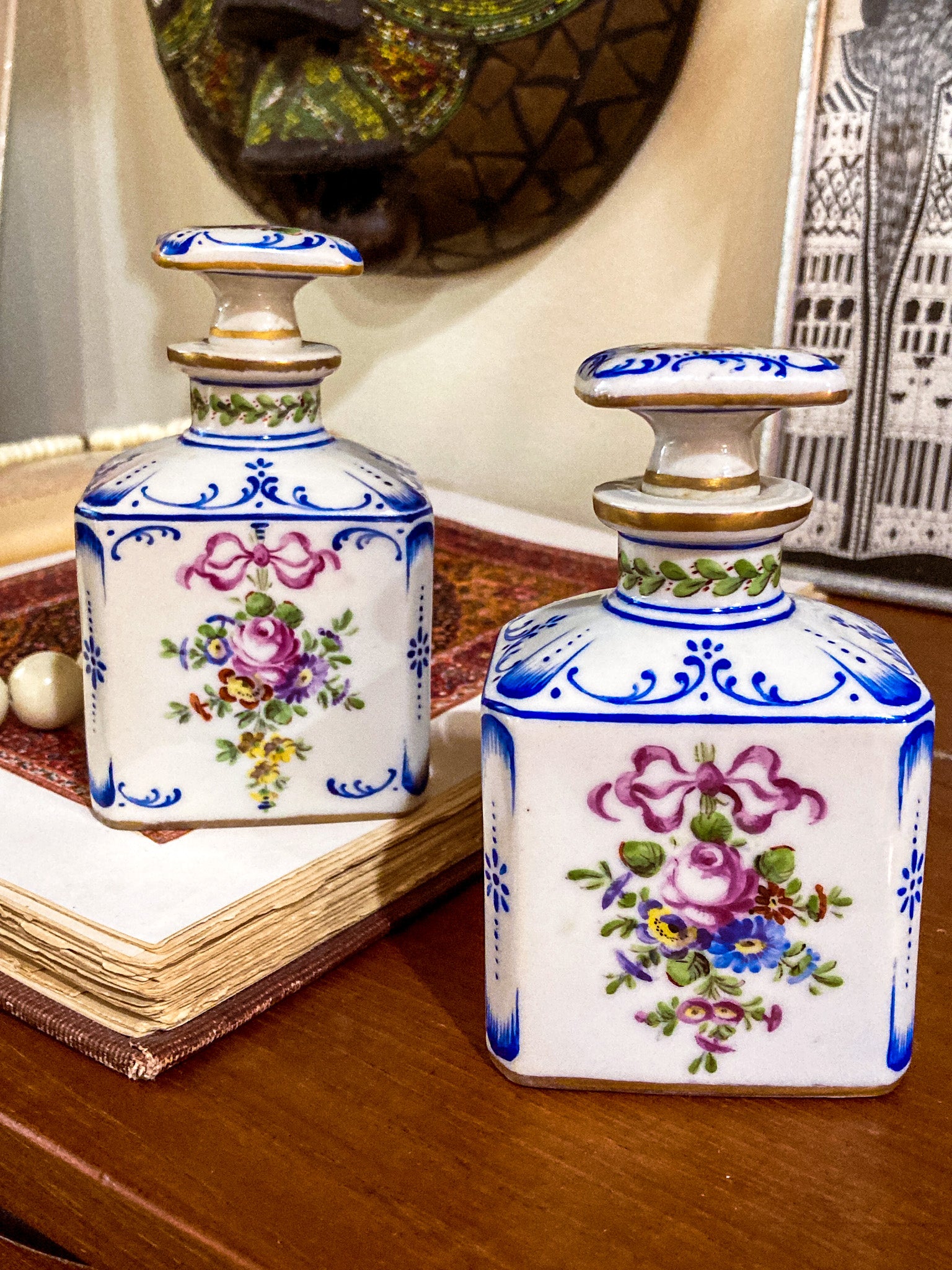 Antique Pair Hand Painted Floral French Porcelain Scent Fragrance Bottles