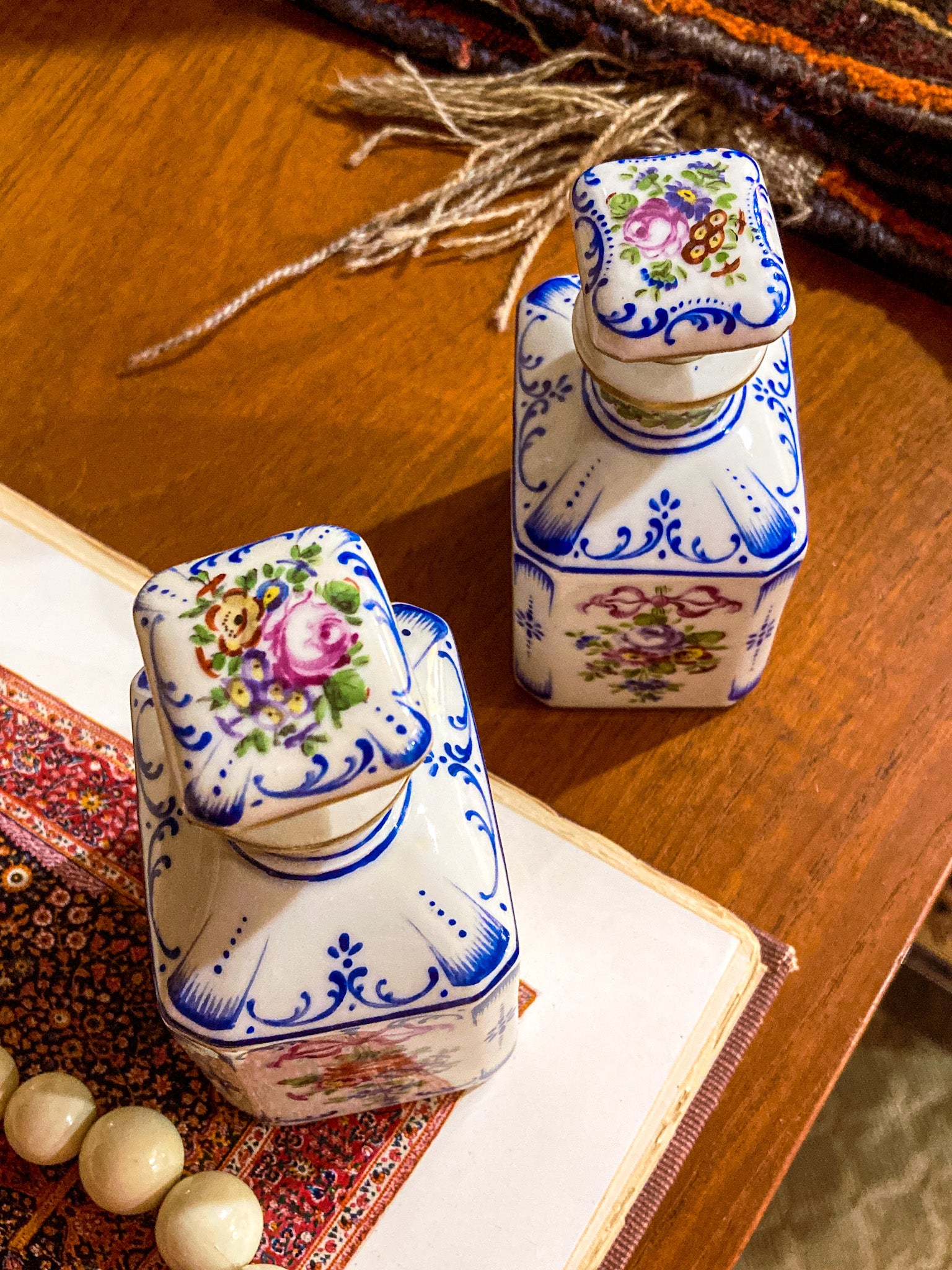 Antique Pair Hand Painted Floral French Porcelain Scent Fragrance Bottles