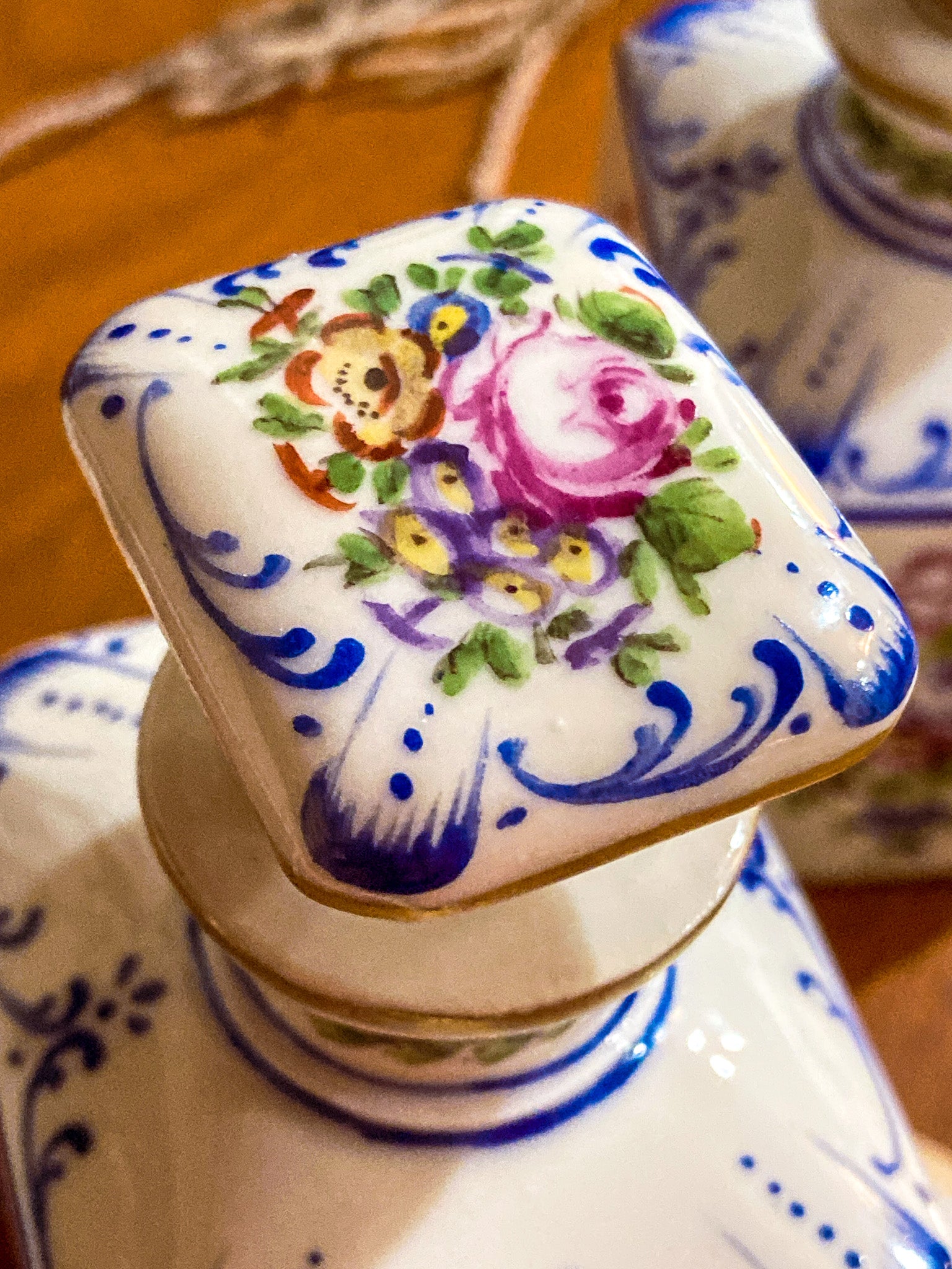 Antique Pair Hand Painted Floral French Porcelain Scent Fragrance Bottles