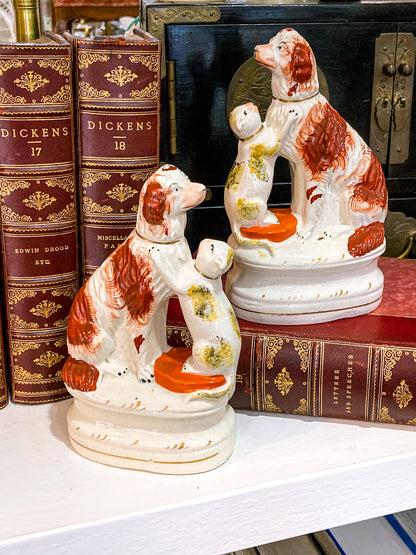 Antique Pair Rare Staffordshire Cat and Spaniel Dog Porcelain Figurines
