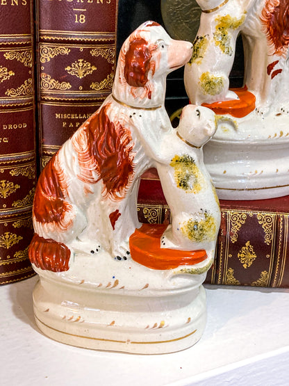 Antique Pair Rare Staffordshire Cat and Spaniel Dog Porcelain Figurines