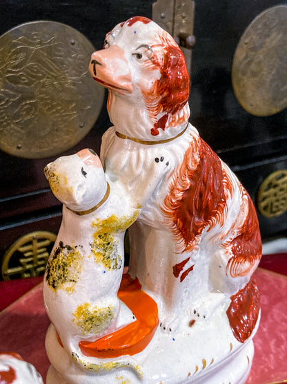 Antique Pair Rare Staffordshire Cat and Spaniel Dog Porcelain Figurines