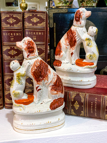 Antique Pair Rare Staffordshire Cat and Spaniel Dog Porcelain Figurines