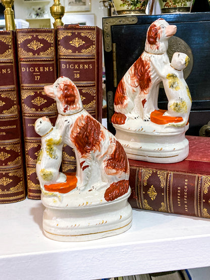 Antique Pair Rare Staffordshire Cat and Spaniel Dog Porcelain Figurines