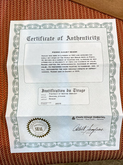 Antique Original Pierre Auguste Renoir (1841-1919) Berthe Morisot Framed Etching
