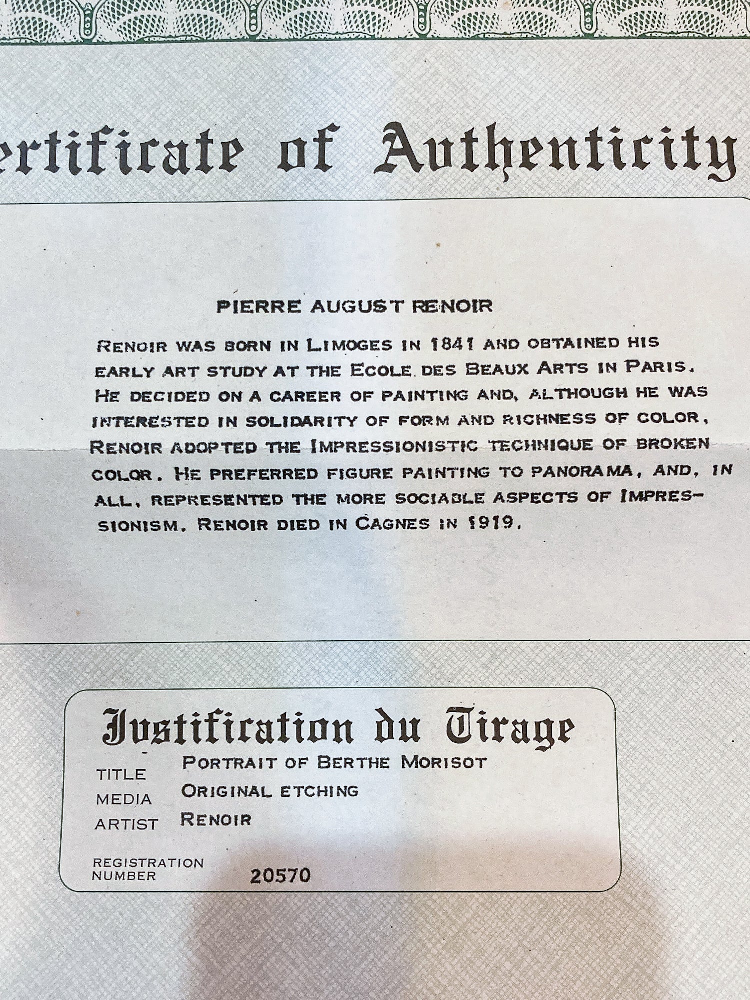 Antique Original Pierre Auguste Renoir (1841-1919) Berthe Morisot Framed Etching