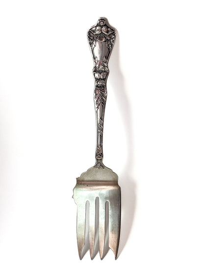 Antique Poppy Flower Pattern Baker Manchester Co Sterling Silver Cold Meat Serving Fork white background