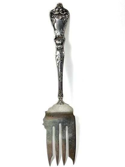 Antique Poppy Flower Pattern Baker Manchester Co Sterling Silver Cold Meat Serving Fork white background