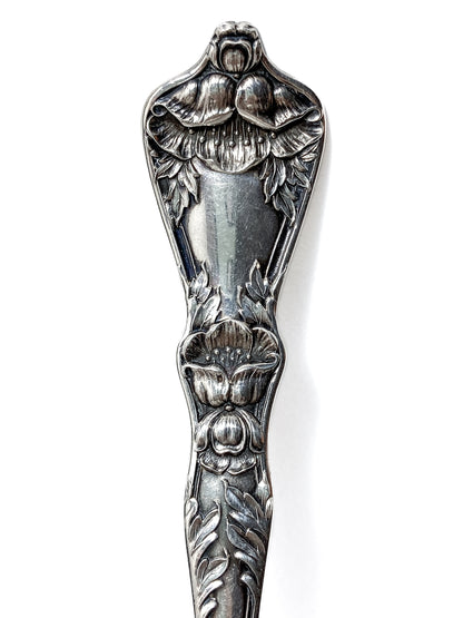 Antique Poppy Flower Pattern Baker Manchester Co Sterling Silver Cold Meat Serving Fork white background