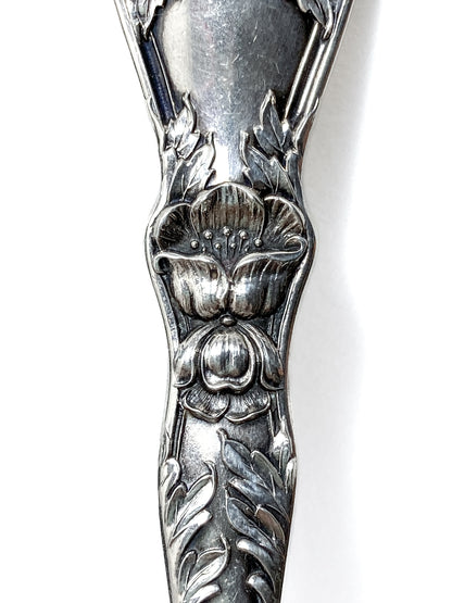 Antique Poppy Flower Pattern Baker Manchester Co Sterling Silver Cold Meat Serving Fork white background