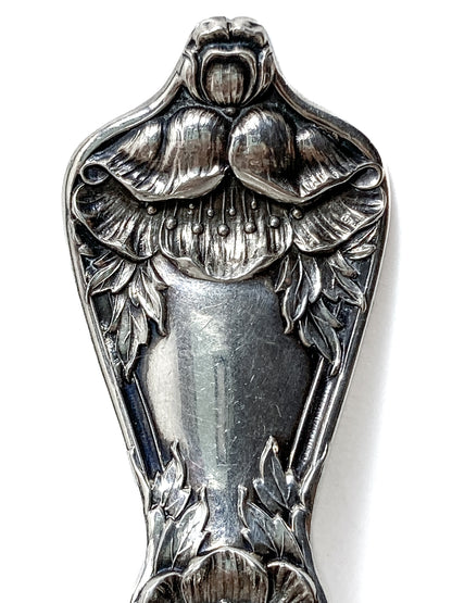 Antique Poppy Flower Pattern Baker Manchester Co Sterling Silver Cold Meat Serving Fork white background