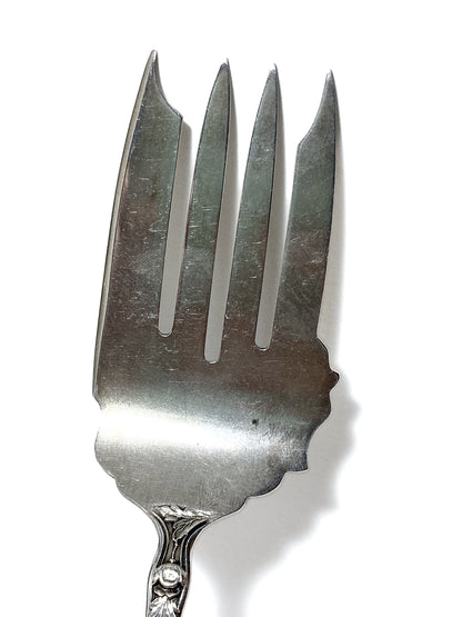 Antique Poppy Flower Pattern Baker Manchester Co Sterling Silver Cold Meat Serving Fork white background